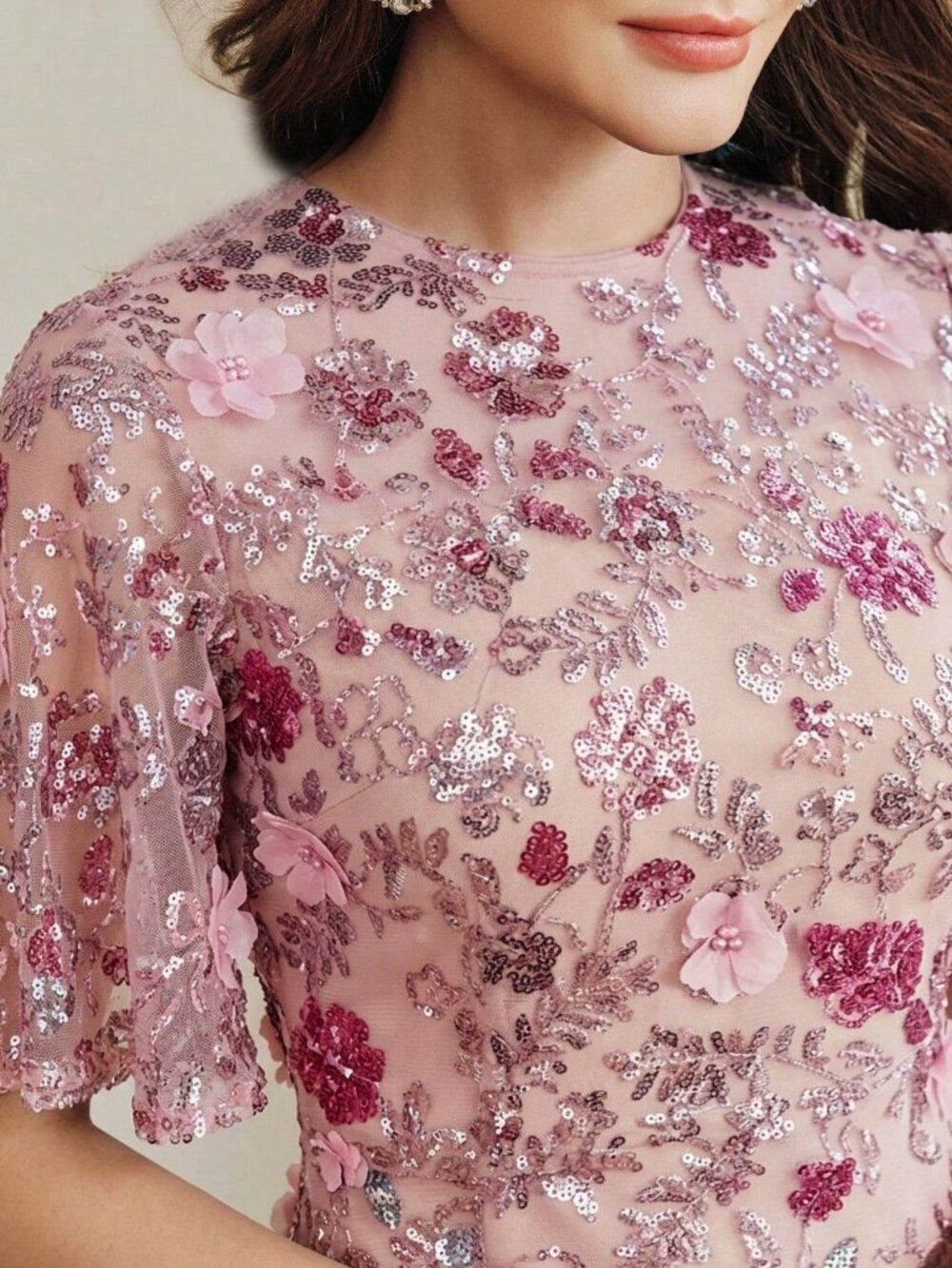 Pink Elegant Women's Floral Mesh Ruffle Trim Sequin Short Sleeve Dress